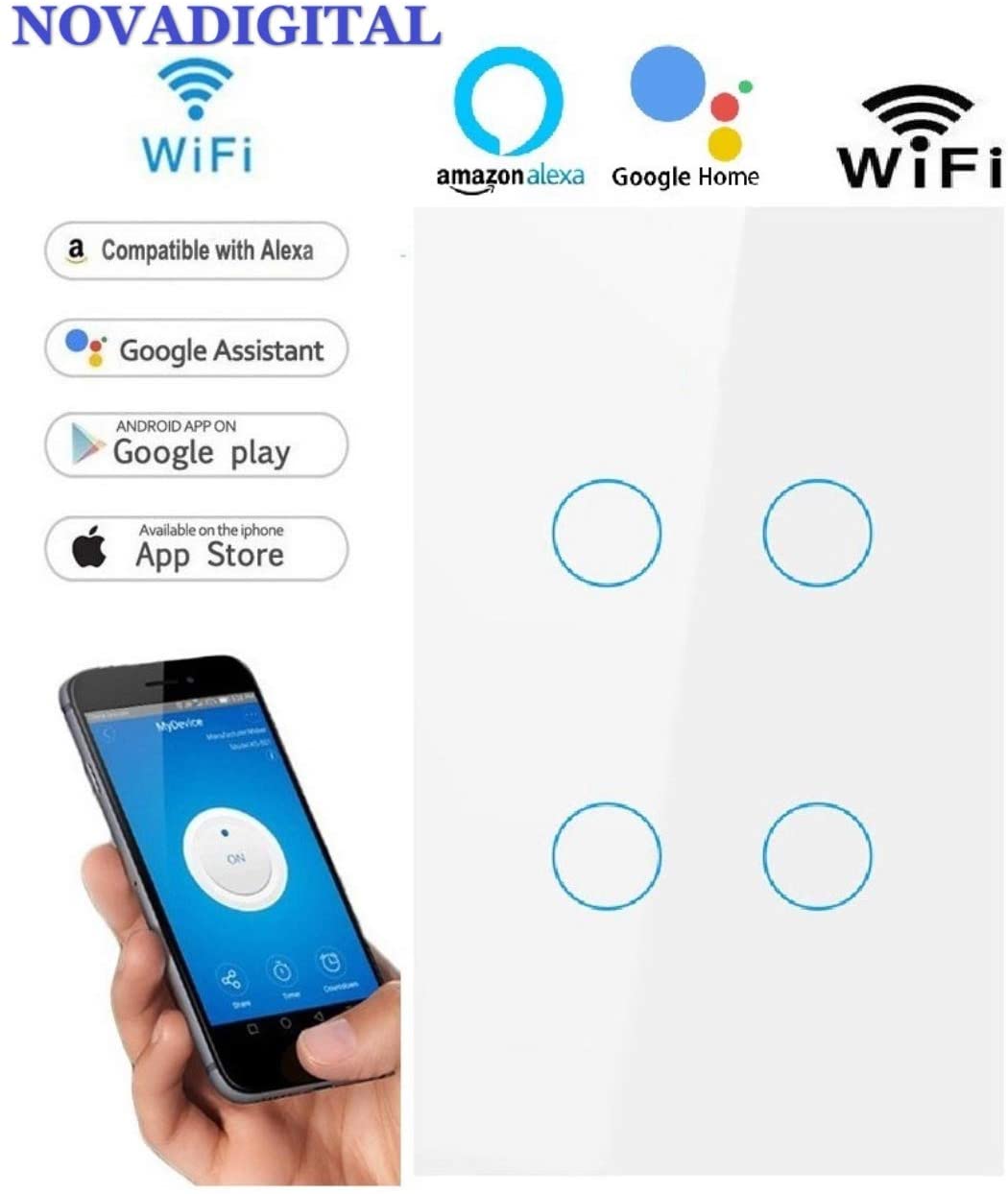 Interruptor inteligente Smart 4 Botões Touch Wi-Fi White RF 433.92 Mhz Novadigital - JS Soluções em Segurança