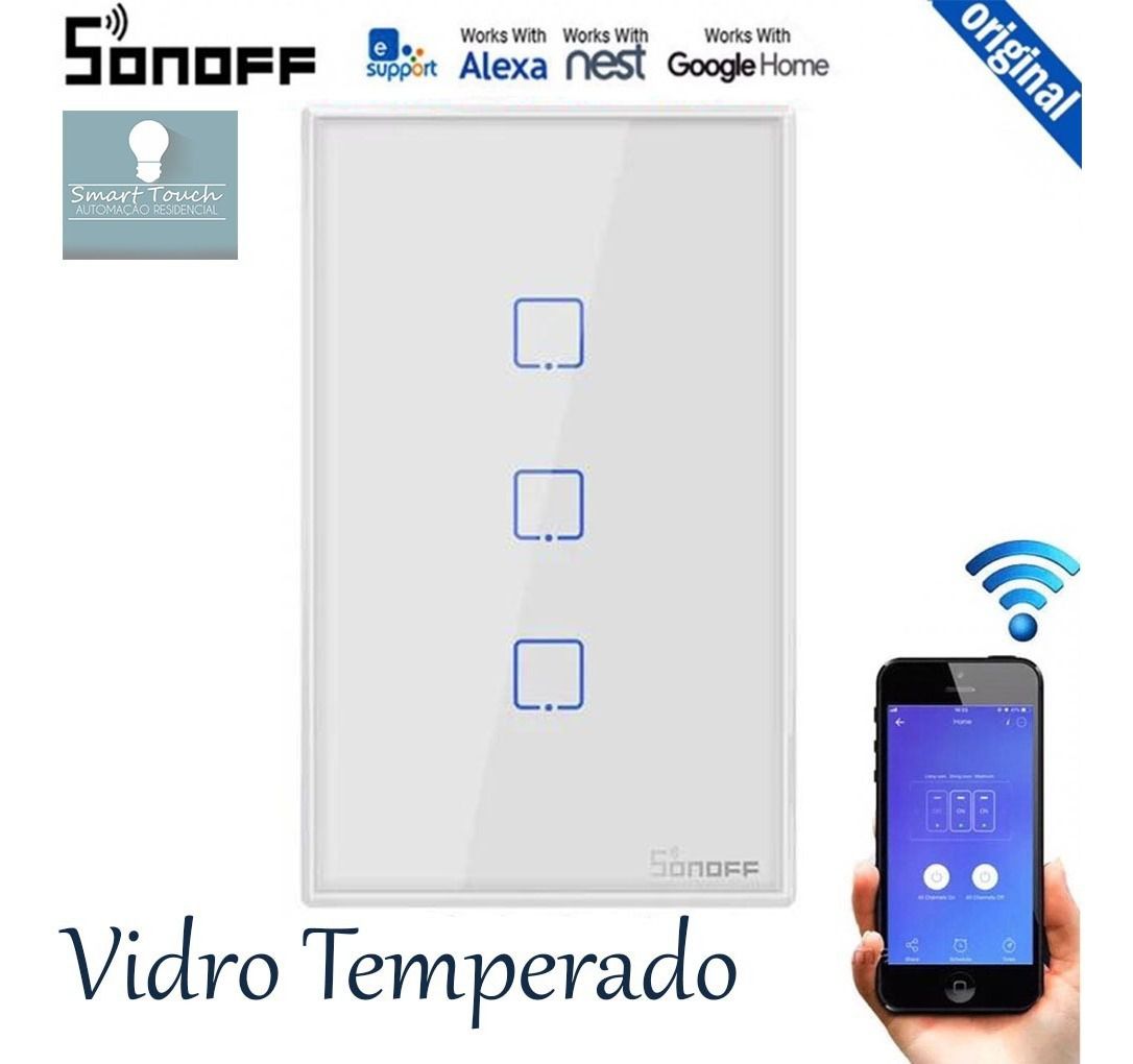 Interruptor Wifi Sonoff TX2 3 canais touch automação Smart RF 433.92 Mhz - JS Soluções em Segurança
