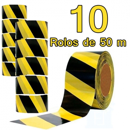 Kit 10 Rolos Fita zebrada sinalização isolamento preta/amarela 70mm x 50 m