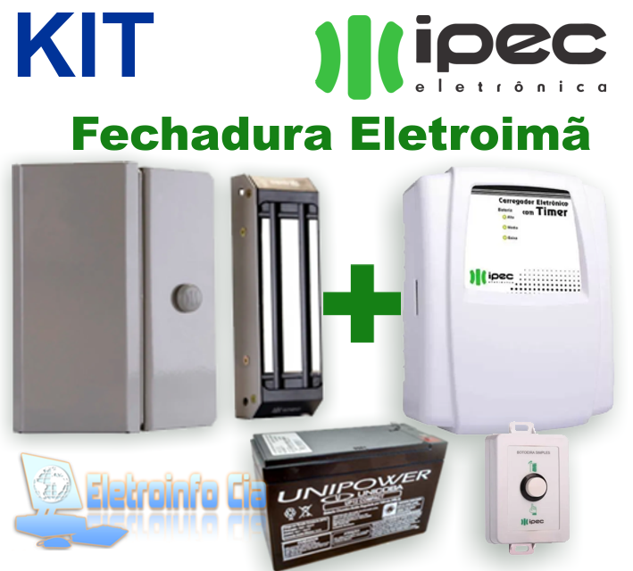 Kit Fechadura Eletroima M150 + Fonte + Botoeira + Bateria Selada Ipec
