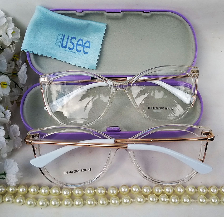 Armação De Óculos De Grau Feminino Gatinho Redondo Transparente Cristal 5633 White Luxo Chéri