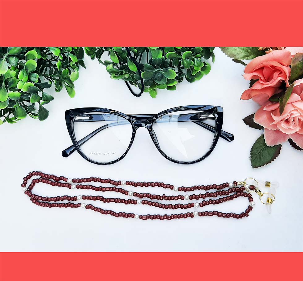 Corrente Segura Salva Óculos Miçangas Marrom c/pérolas Luxo Corrente de óculos Eycha