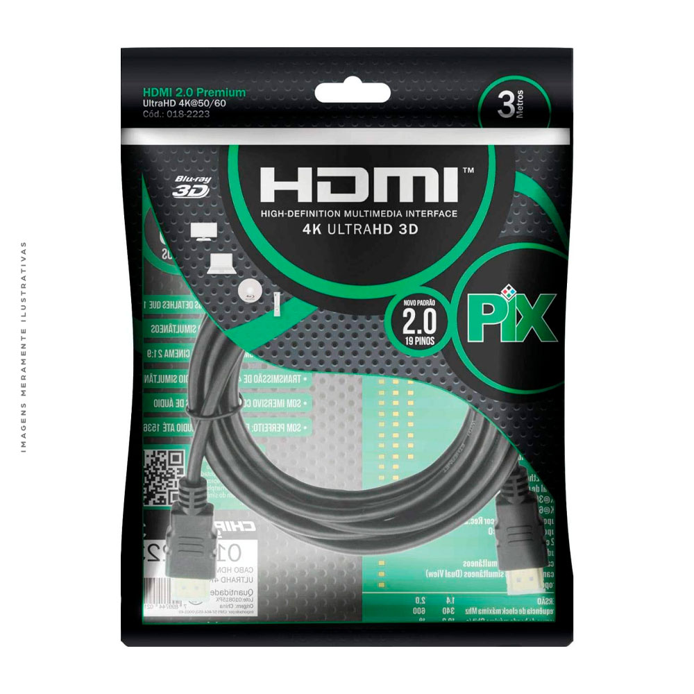 Cabo HDMI PIX, 3 Metros, 2.0, 4K, 19 Pinos - 018-2223