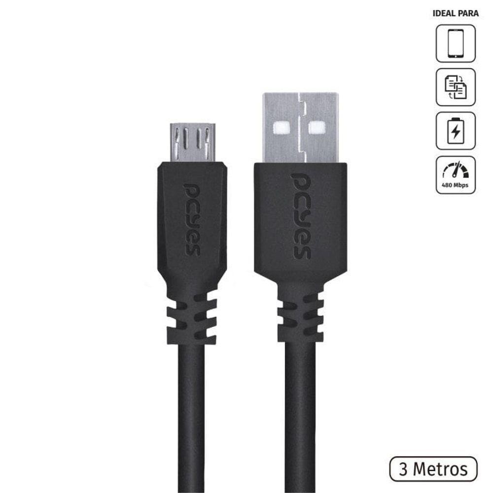 Cabo para Celular Micro USB para USB a 2.0 3 Metros Preto - PMUAP-3 - 32620
