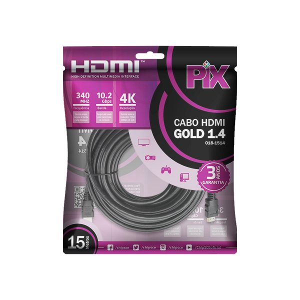 Cabo PIX HDMI Gold 1.4, 4K, Ultra HD, 19 Pinos, 15 Metros - 018-1514