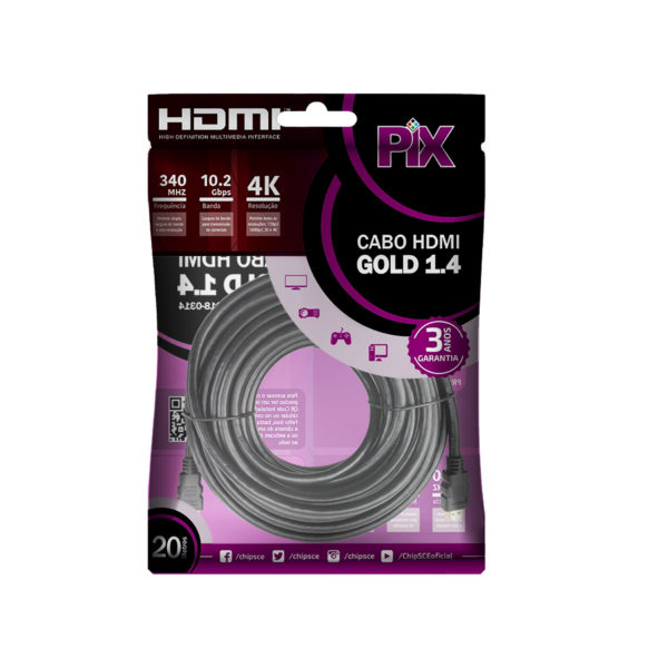 Cabo PIX HDMI Gold 1.4, 4K, Ultra HD, 19 Pinos, 20 Metros - 018-2014