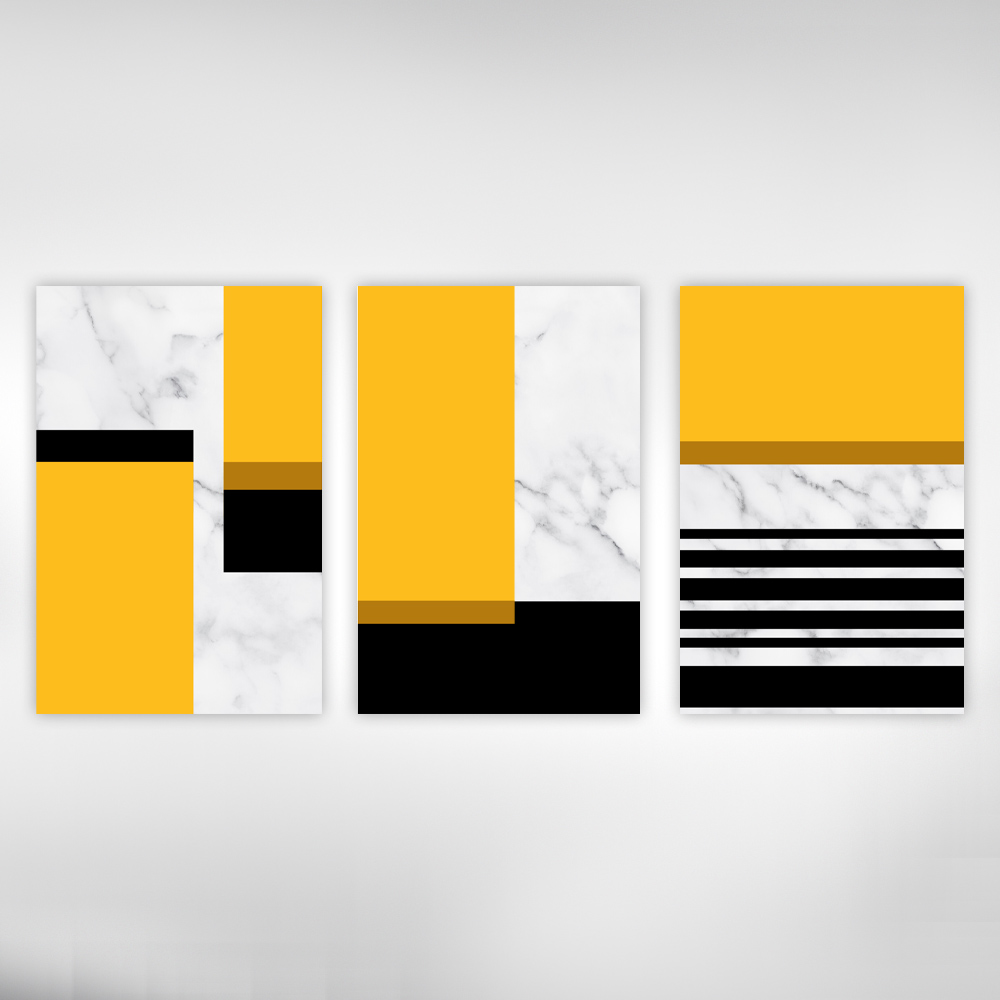 Kit Quadros Decorativos Geometrico Amarelo e Marmore