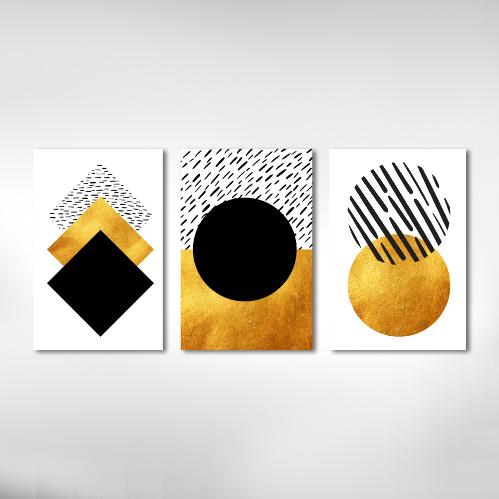 Kit Quadros Decorativos Geometrico Dourado e Preto