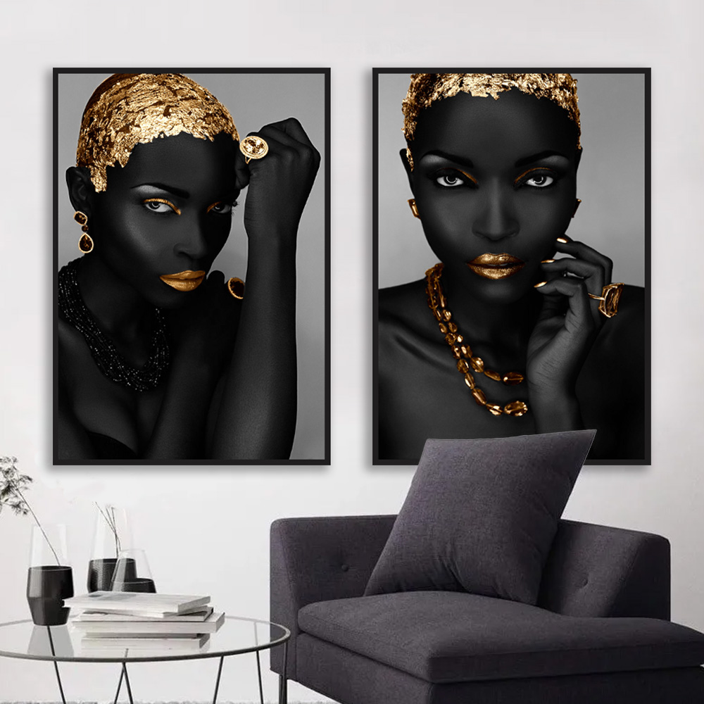 Kit Quadros Decorativos Negra Dourada Moderno M2