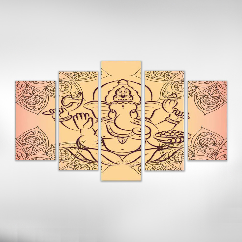 Quadro Decorativo Deus Indiano Ganesh  5 Peças Para Sala