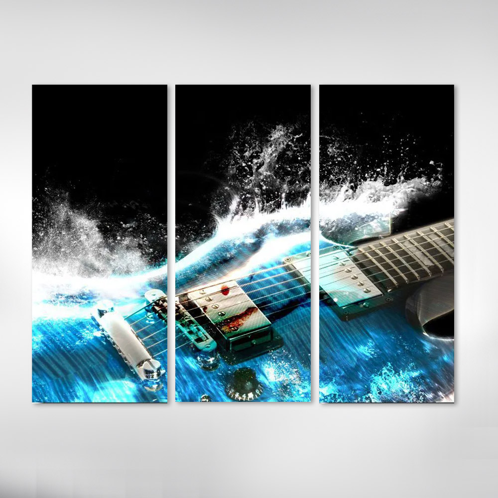 Quadro Decorativo Guitarra Azul  3 Peças Para Sala