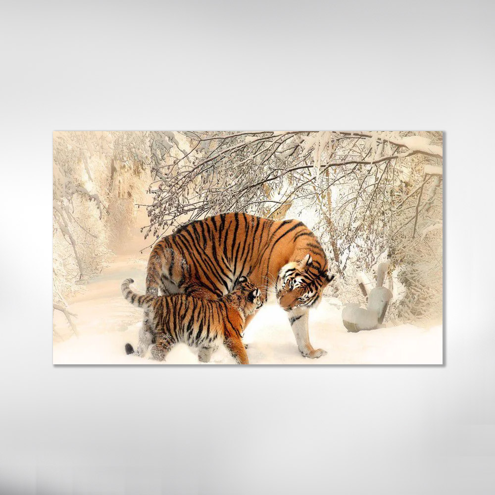Quadro decorativo tigre na neve para quarto e sala 1 peça