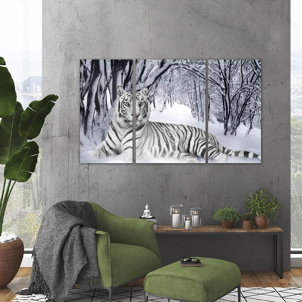 Quadro  tigre branco na neve 3 peças