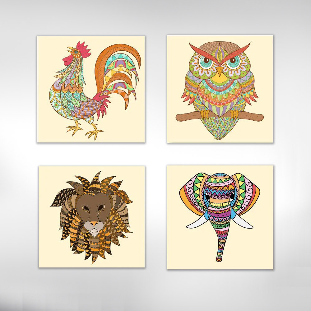 Quadros Decorativos Desenhos Animais Colorido 4 Peças Para Sala