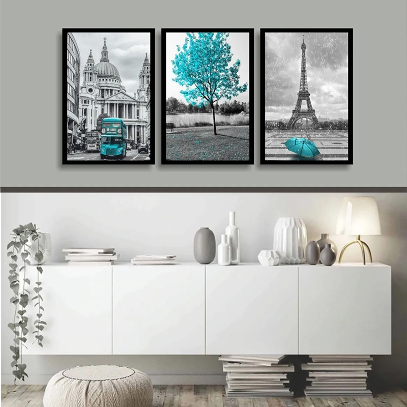 Conjunto 3 Quadros Decorativos Paris e Londres Azul