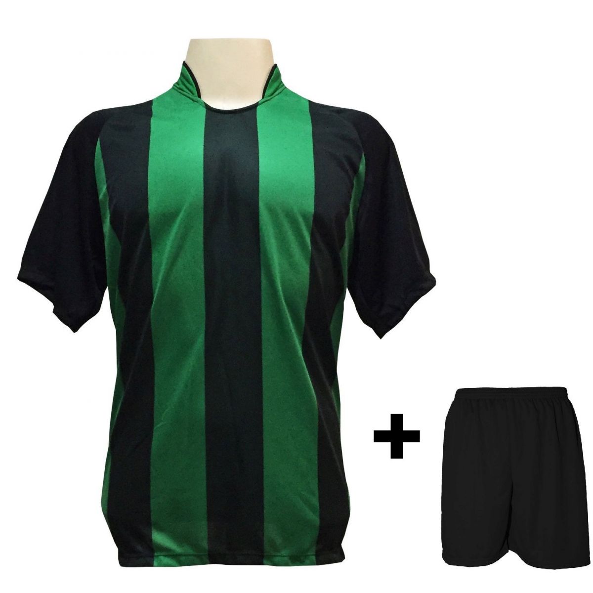 Uniforme Esportivo com 12 camisas modelo Milan Preto/Verde + 12 calções modelo Madrid Preto + Brindes