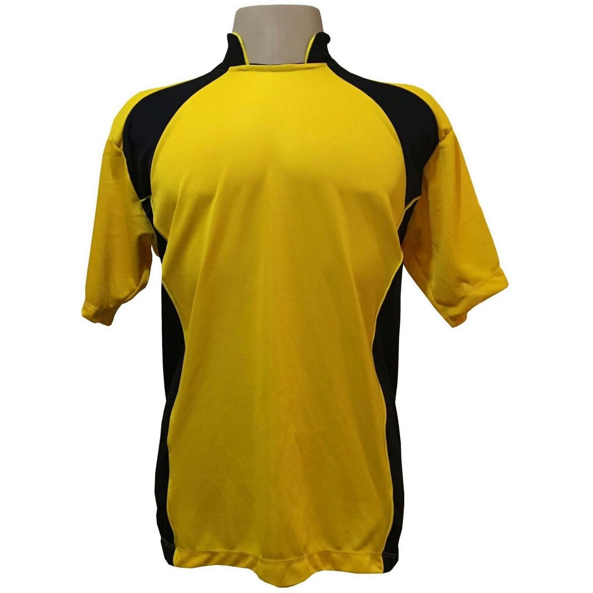 Uniforme Esportivo com 14 camisas modelo Suécia Amarelo/Preto + 14 calções modelo Madrid Preto + Brindes