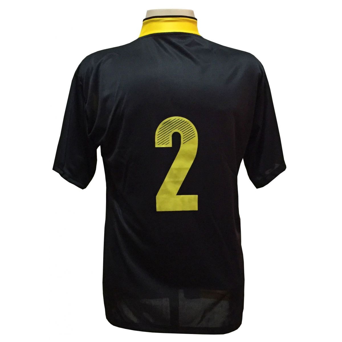 Uniforme Esportivo com 14 camisas modelo Suécia Preto/Amarelo + 14 calções modelo Madrid Preto + Brindes