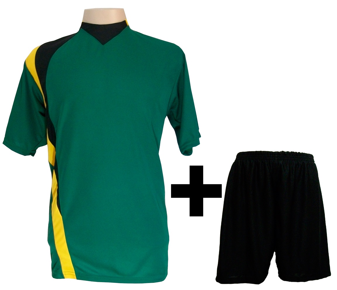 Uniforme Esportivo com 14 camisas modelo PSG Verde/Preto/Amarelo + 14 calções modelo Madrid Preto + Brindes
