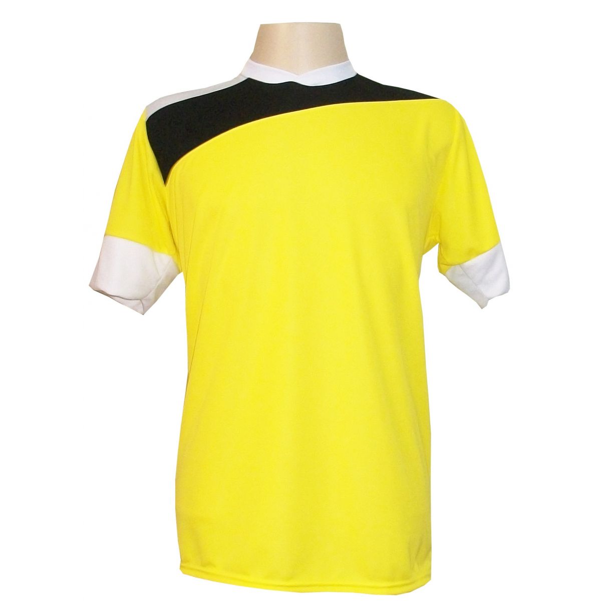 Uniforme Esportivo com 14 camisas modelo Sporting Amarelo/Preto/Branco + 14 calções modelo Madrid Branco + Brindes
