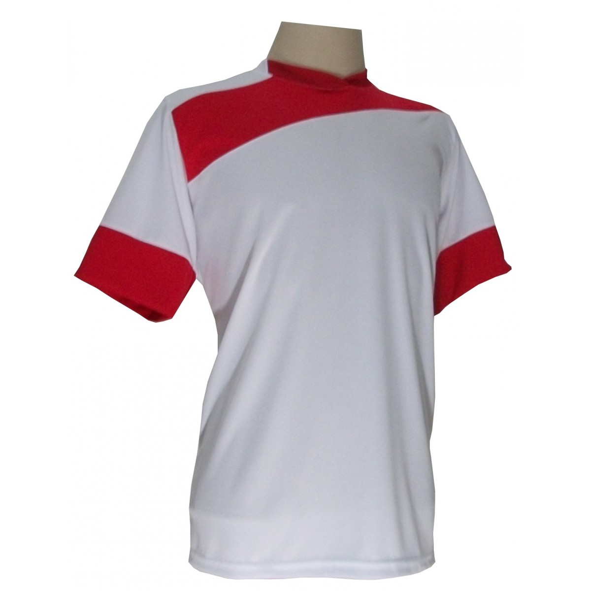 Uniforme Esportivo Completo modelo Sporting 14+1 (14 camisas Branco/Vermelho + 14 calções Madrid Branco + 14 pares de meiões Vermelhos + 1 conjunto de goleiro) + Brindes