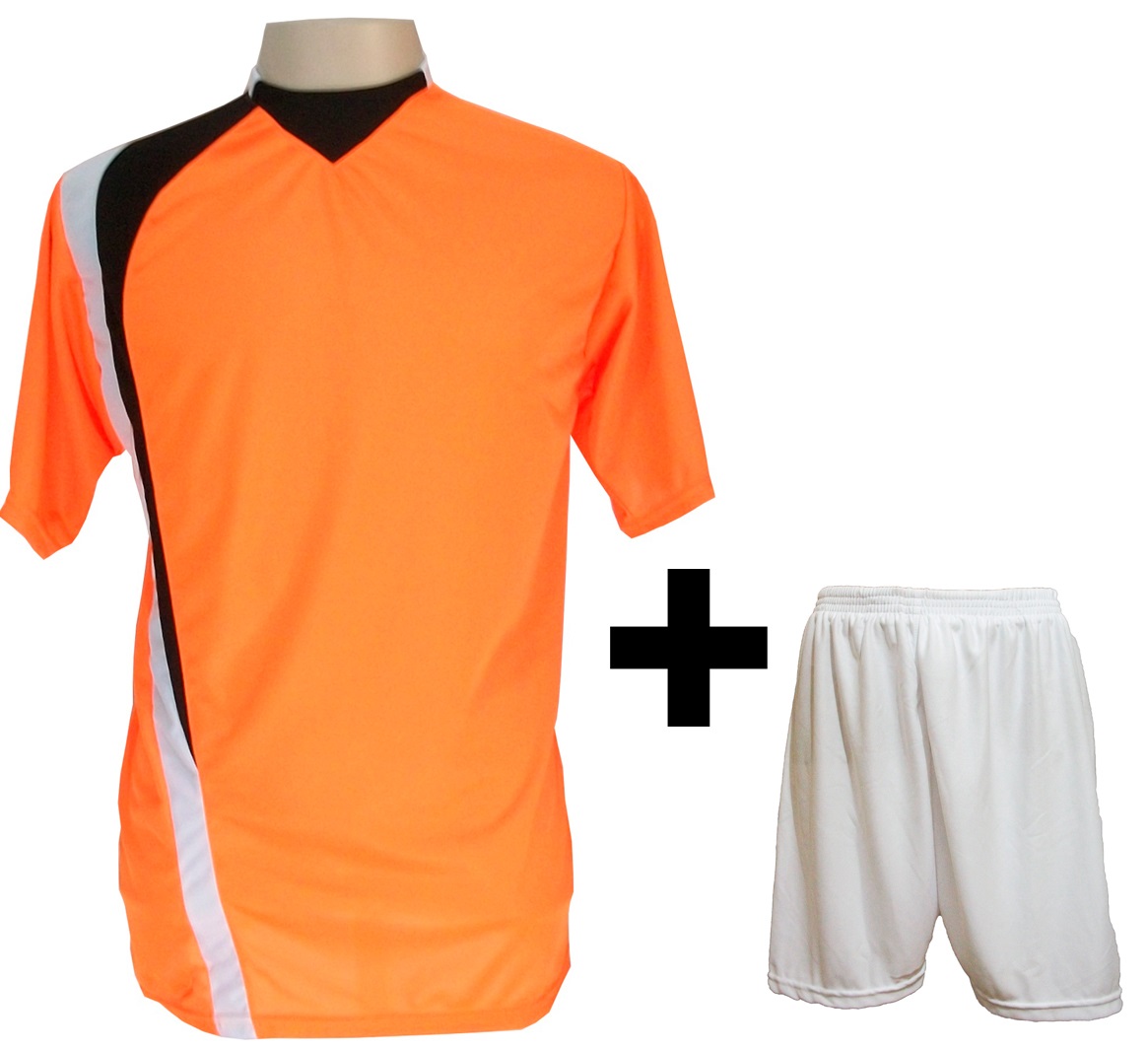 Uniforme Esportivo com 14 camisas modelo PSG Laranja/Preto/Branco + 14 calções modelo Madrid Branco + Brindes