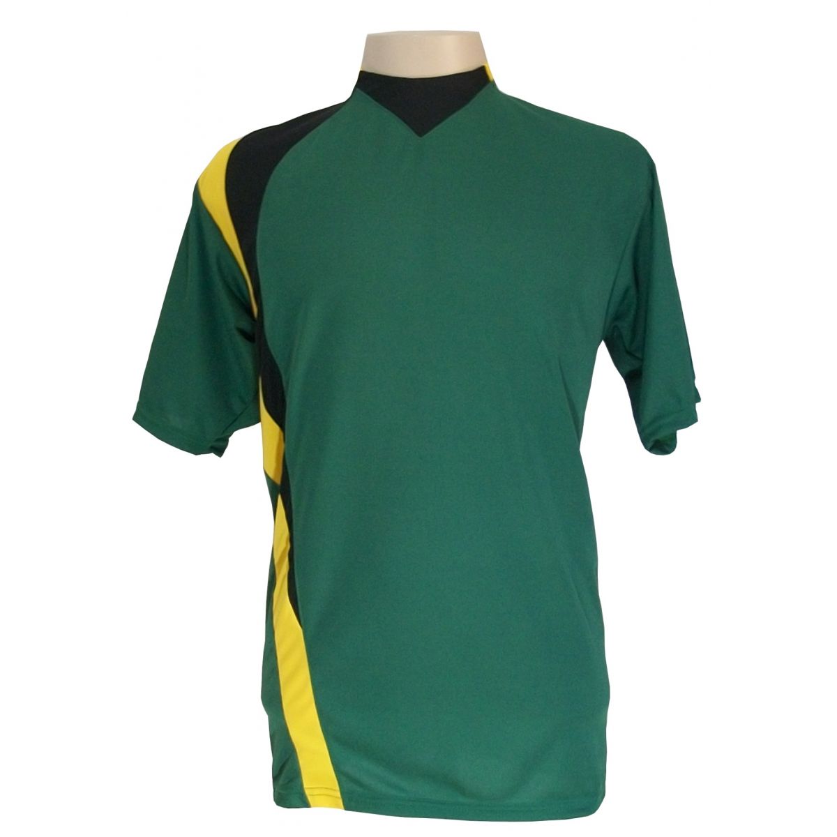 Uniforme Esportivo Completo modelo PSG 14+1 (14 camisas Verde/Preto/Amarelo + 14 calções Madrid Preto + 14 pares de meiões Pretos + 1 conjunto de goleiro) + Brindes