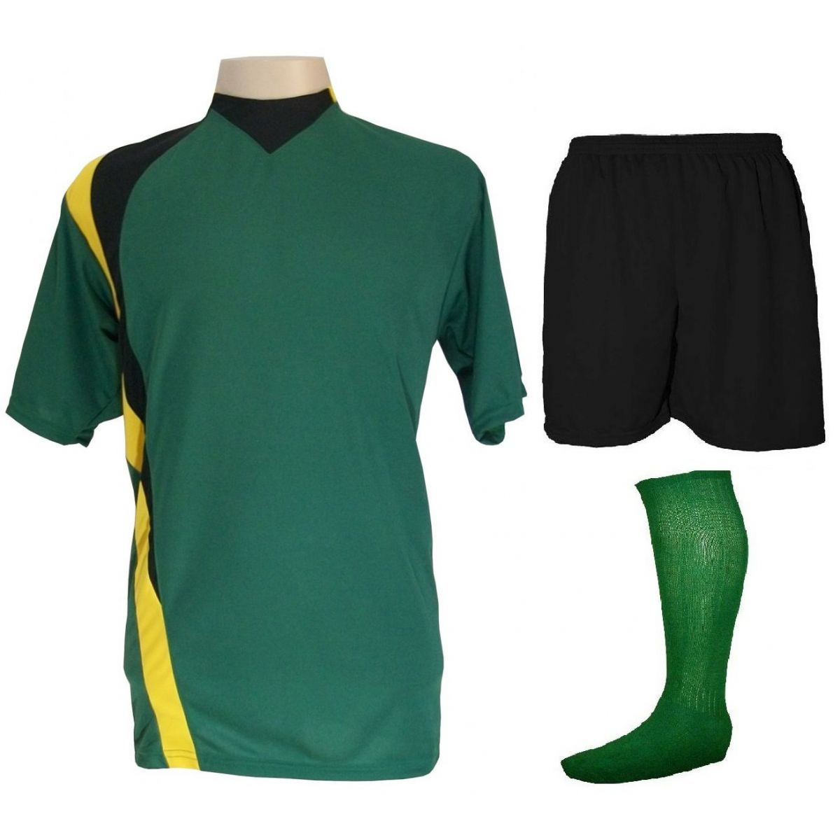 Uniforme Esportivo Completo modelo PSG 14+1 (14 camisas Verde/Preto/Amarelo + 14 calções Madrid Preto + 14 pares de meiões Verde + 1 conjunto de goleiro) + Brindes