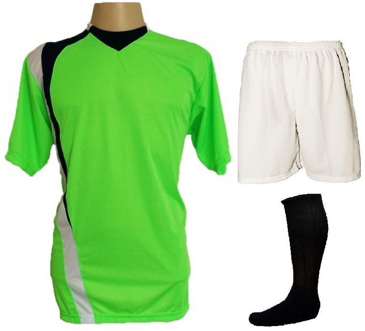 Uniforme Esportivo Completo modelo PSG 14+1 (14 camisas Limão/Preto/Branco + 14 calções Madrid Branco + 14 pares de meiões Preto + 1 conjunto de goleiro) + Brindes