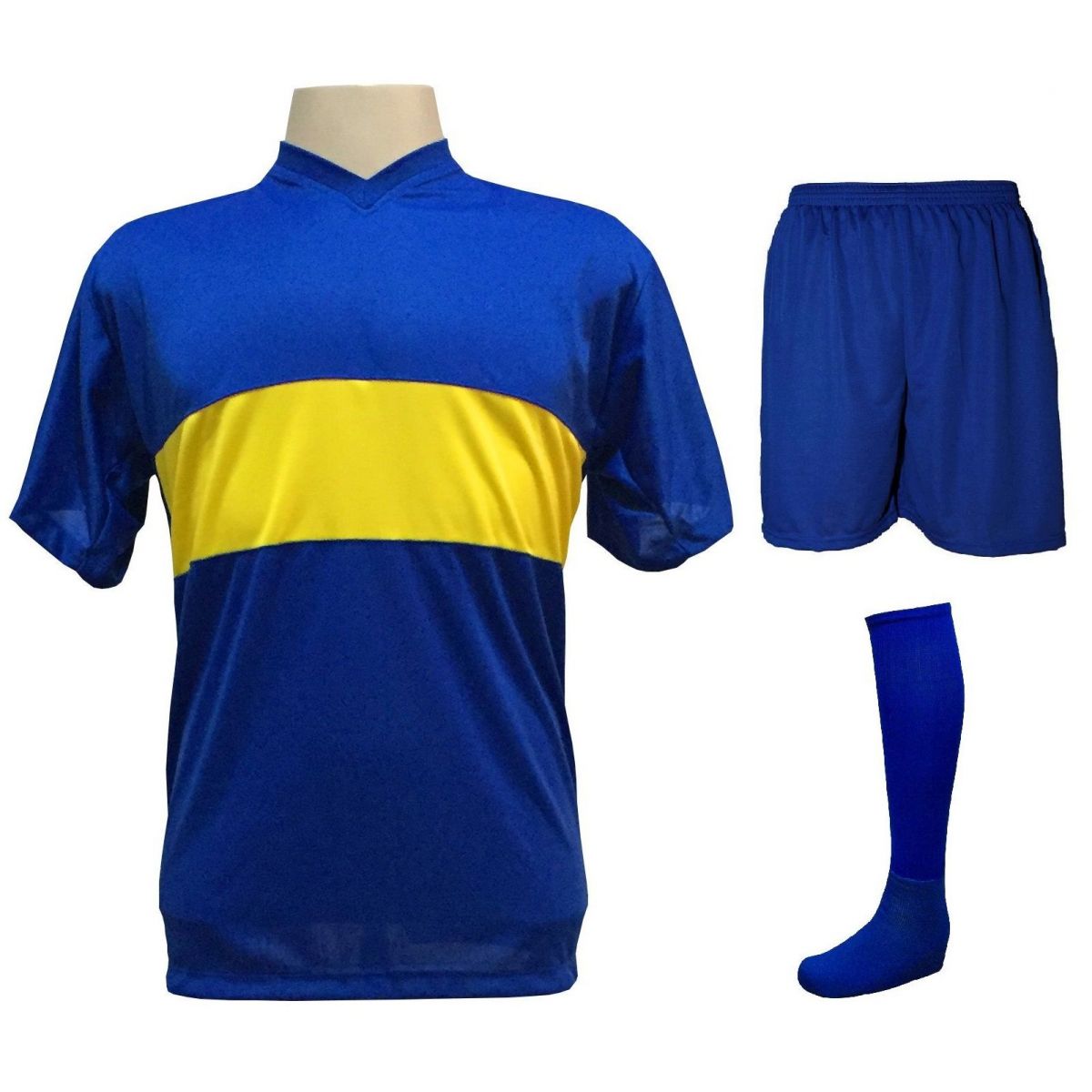 Uniforme Esportivo Completo modelo Boca Juniors 14+1 (14 camisas Royal/Amarelo + 14 calções Madrid Royal + 14 pares de meiões Royal + 1 conjunto de goleiro) + Brindes