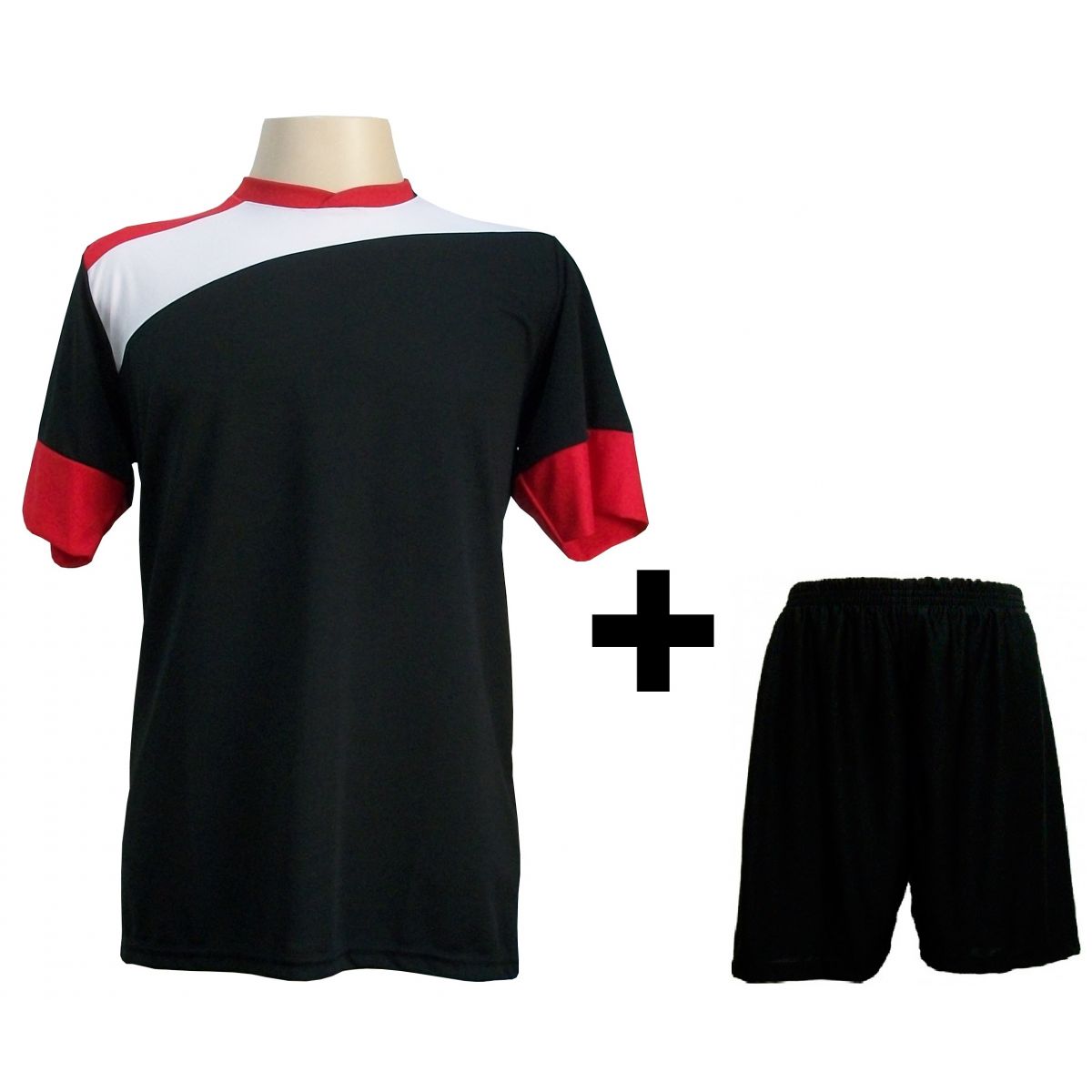 Uniforme Esportivo com 14 camisas modelo Sporting Preto/Branco/Vermelho + 14 calções modelo Madrid Preto + Brindes
