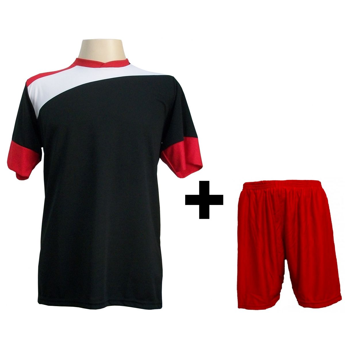 Uniforme Esportivo com 14 camisas modelo Sporting Preto/Branco/Vermelho + 14 calções modelo Madrid Vermelho + Brindes