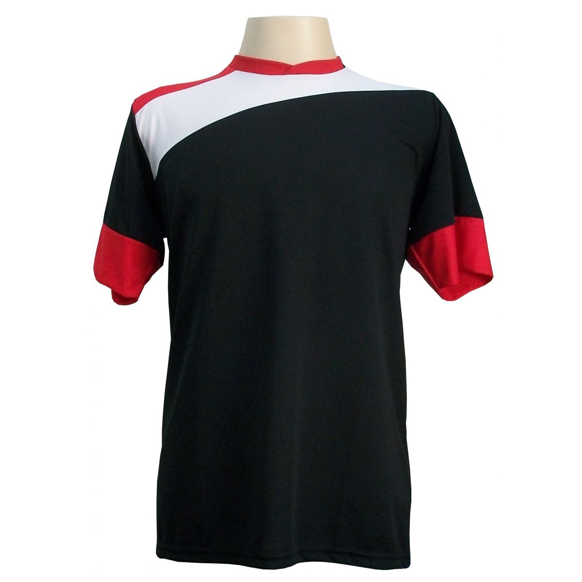 Uniforme Esportivo com 14 camisas modelo Sporting Preto/Branco/Vermelho + 14 calções modelo Madrid Vermelho + Brindes