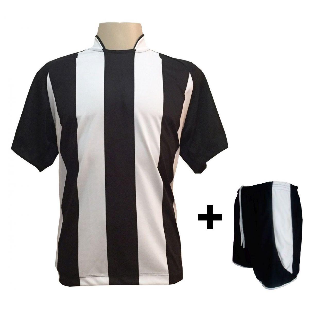 Uniforme Esportivo com 12 camisas modelo Milan Preto/Branco + 12 calções modelo Copa Preto/Branco + Brindes