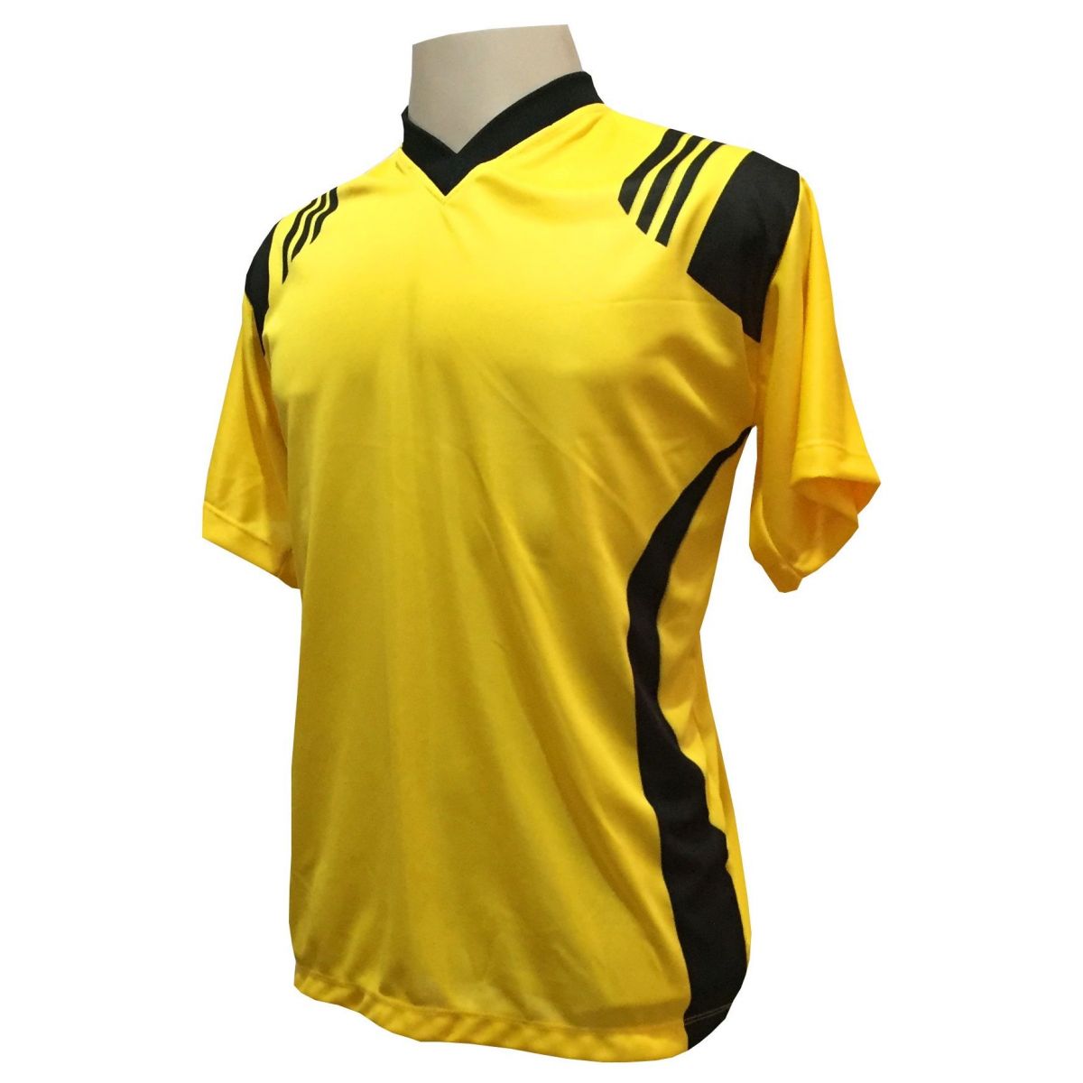 Uniforme Esportivo com 12 camisas modelo Roma Amarelo/Preto + 12 calções modelo Copa Preto/Amarelo + Brindes