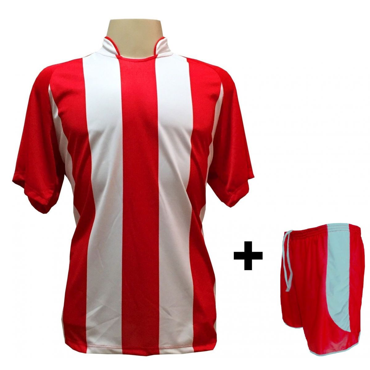 Uniforme Esportivo com 18 camisas modelo Milan Vermelho/Branco + 18 calções modelo Copa Vermelho/Branco + Brindes