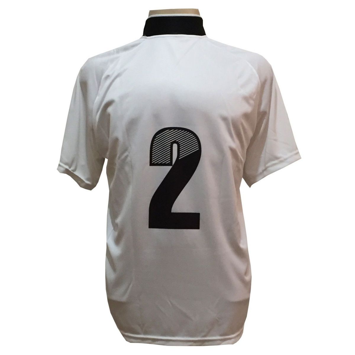 Uniforme Esportivo com 12 camisas modelo Milan Branco/Preto + 12 calções modelo Madrid Preto + Brindes