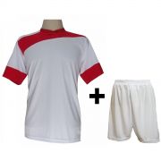 Uniforme Esportivo com 14 camisas modelo Sporting Branco/Vermelho + 14 calções modelo Madrid Branco + Brindes