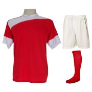 Uniforme Esportivo Completo modelo Sporting 14+1 (14 camisas Vermelho/Branco + 14 calções Madrid Branco + 14 pares de meiões Vermelho + 1 conjunto de goleiro) + Brindes
