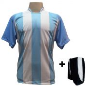 Uniforme Esportivo com 18 camisas modelo Milan Celeste/Branco + 18 calções modelo Copa Preto/Branco + Brindes