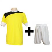 Uniforme Esportivo com 14 camisas modelo Sporting Amarelo/Preto/Branco + 14 calções modelo Madrid + 1 Goleiro + Brindes