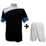 Uniforme Esportivo com 14 camisas modelo Sporting Preto/Branco/Celeste + 14 calções modelo Madrid + 1 Goleiro + Brindes