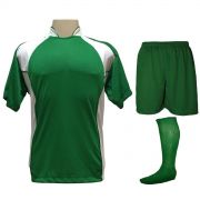 Uniforme Esportivo Completo modelo Suécia 14+1 (14 camisas Verde/Branco + 14 calções Madrid Verde + 14 pares de meiões Verdes + 1 conjunto de goleiro) + Brindes
