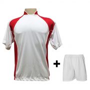 Uniforme Esportivo com 14 camisas modelo Suécia Branco/Vermelho + 14 calções modelo Madrid Branco + Brindes