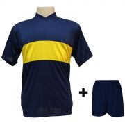 Uniforme Esportivo com 14 camisas modelo Boca Juniors Marinho/Amarelo + 14 calções modelo Madrid Marinho + Brindes