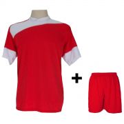 Uniforme Esportivo com 14 camisas modelo Sporting Vermelho/Branco + 14 calções modelo Madrid + 1 Goleiro + Brindes