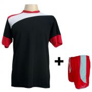 Uniforme Esportivo com 14 camisas modelo Sporting Preto/Branco/Vermelho + 14 calções modelo Copa Vermelho/Branco + Brindes