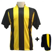 Uniforme Esportivo com 12 camisas modelo Milan Preto/Amarelo + 12 calções modelo Copa + 1 Goleiro + Brindes