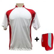 Uniforme Esportivo com 14 camisas modelo Suécia Branco/Vermelho + 14 calções modelo Copa + 1 Goleiro + Brindes