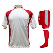 Uniforme Esportivo Completo Modelo Suécia 14+1 (14 Camisas Branco/Vermelho + 14 Calções Modelo Copa Vermelho/Branco + 14 Pares de Meiões Vermelhos + 1 Conjunto de Goleiro) + Brindes